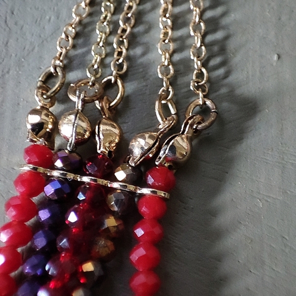NRQ Ruby Red Faceted Glass Crystal and Purple Beaded Gold Tone Necklace Signed - Picture 12 of 16
